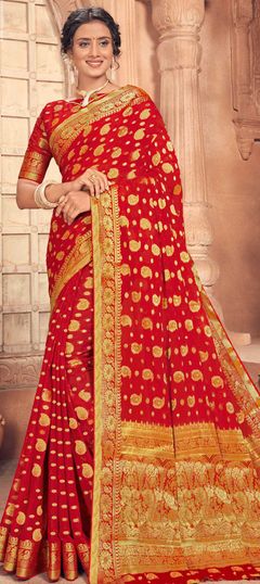 Red and Maroon color Saree in Chiffon fabric with Weaving, Zari work