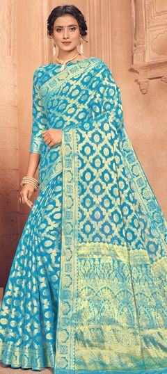 Blue color Saree in Chiffon fabric with Weaving, Zari work