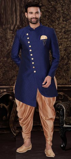 Blue color IndoWestern Dress in Jacquard fabric with Broches work