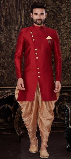 Red and Maroon color IndoWestern Dress in Jacquard fabric with Broches work