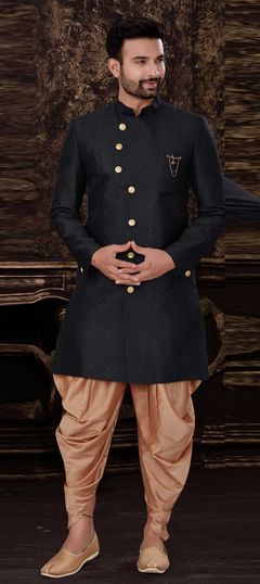Black and Grey color IndoWestern Dress in Jacquard fabric with Broches work