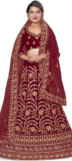 Red and Maroon color Lehenga in Velvet fabric with Embroidered, Stone, Thread, Zari work