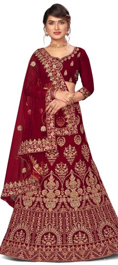 Red and Maroon color Lehenga in Velvet fabric with Embroidered, Stone, Thread, Zari work