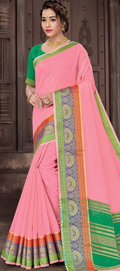 Pink and Majenta color Saree in Cotton fabric with Printed, Weaving work