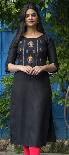 Black and Grey color Kurti in Art Silk fabric with Embroidered, Resham, Thread work