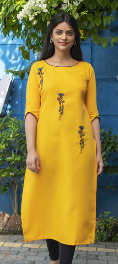 Yellow color Kurti in Art Silk fabric with Embroidered, Resham, Thread work