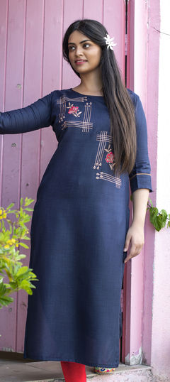 Blue color Kurti in Art Silk fabric with Embroidered, Resham, Thread work