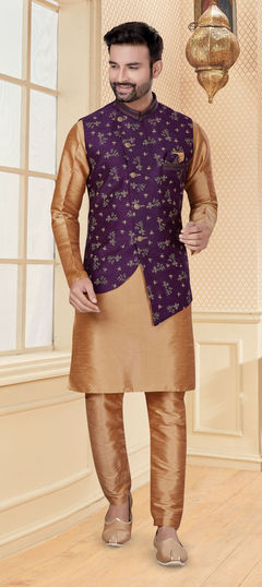 Beige and Brown color Kurta Pyjama with Jacket in Dupion Silk fabric with Embroidered, Thread work