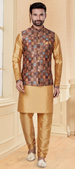 Beige and Brown color Kurta Pyjama with Jacket in Dupion Silk fabric with Digital Print work