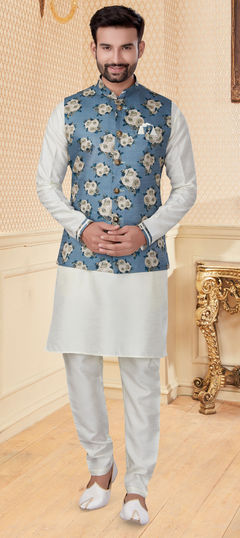 White and Off White color Kurta Pyjama with Jacket in Dupion Silk fabric with Digital Print work