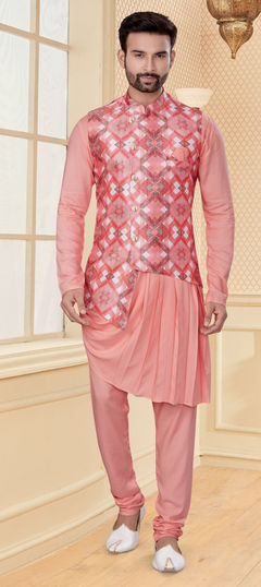 Pink and Majenta color Kurta Pyjama with Jacket in Silk fabric with Digital Print work