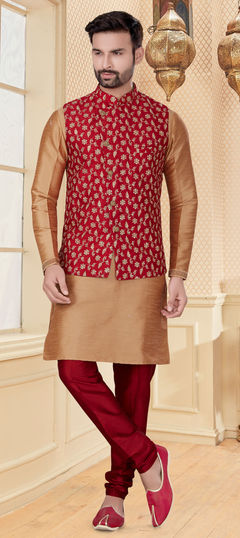 Beige and Brown color Kurta Pyjama with Jacket in Dupion Silk fabric with Embroidered, Thread work