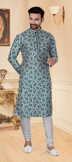 Green, White and Off White color Kurta Pyjamas in Silk fabric with Digital Print work