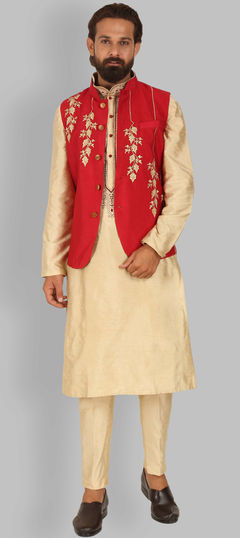 Gold color Kurta Pyjama with Jacket in Raw Silk fabric with Embroidered, Thread work