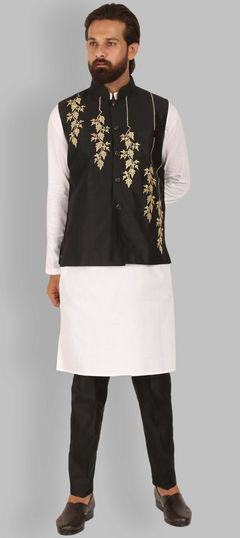 White and Off White color Kurta Pyjama with Jacket in Cotton fabric with Embroidered, Thread work