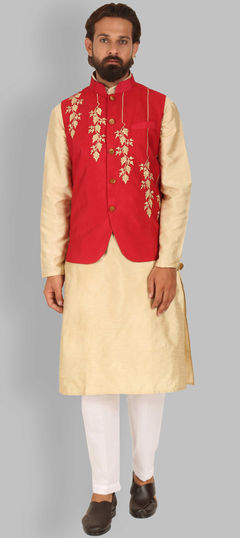 Gold color Kurta Pyjama with Jacket in Raw Silk fabric with Embroidered, Thread work