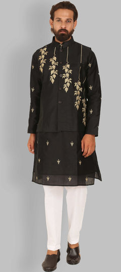 Black and Grey color Kurta Pyjama with Jacket in Raw Silk fabric with Embroidered, Thread work