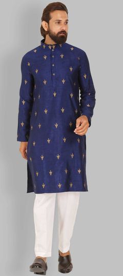 Blue color Kurta Pyjamas in Raw Silk fabric with Thread, Zari work