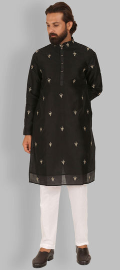 Black and Grey color Kurta Pyjamas in Raw Silk fabric with Thread, Zari work