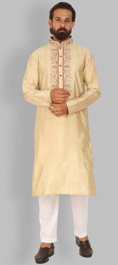 Gold color Kurta Pyjamas in Raw Silk fabric with Thread, Zari work