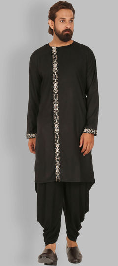 Black and Grey color Dhoti Kurta in Rayon fabric with Embroidered, Thread work