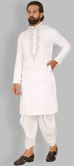 White and Off White color Dhoti Kurta in Cotton fabric with Embroidered, Thread work