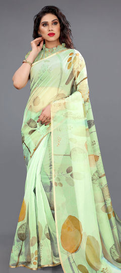 Casual, Traditional Green color Saree in Organza Silk, Silk fabric with South Printed work : 1739152