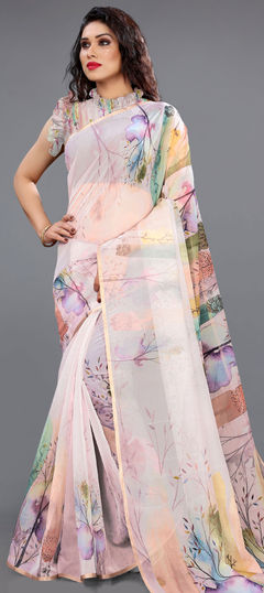 Pink and Majenta color Saree in Organza Silk, Silk fabric with Printed work