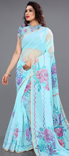 Blue color Saree in Organza Silk, Silk fabric with Floral, Printed work