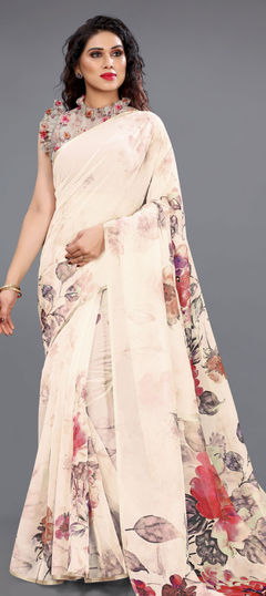 Beige and Brown color Saree in Organza Silk, Silk fabric with Floral, Printed work