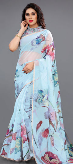 Casual, Traditional Blue color Saree in Organza Silk, Silk fabric with South Floral, Printed work : 1739158