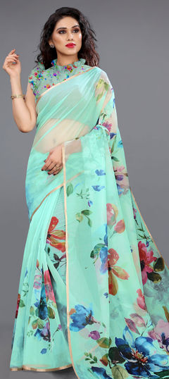 Casual, Traditional Blue color Saree in Organza Silk, Silk fabric with South Floral, Printed work : 1739160