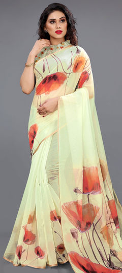 Green color Saree in Organza Silk, Silk fabric with Floral, Printed work