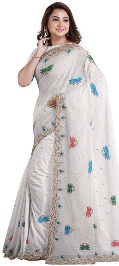 White and Off White color Saree in Georgette fabric with Stone, Thread work