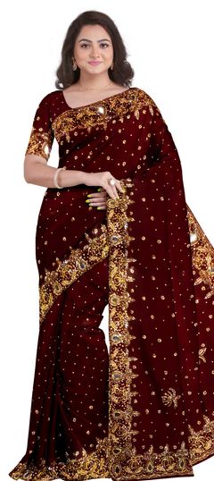 Bridal, Wedding Red and Maroon color Saree in Georgette fabric with Classic Mirror, Stone work : 1739350