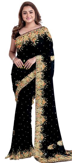 Black and Grey color Saree in Georgette fabric with Stone work