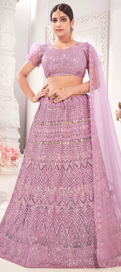 Festive, Wedding Purple and Violet color Lehenga in Net fabric with A Line Embroidered, Sequence, Thread work : 1739413