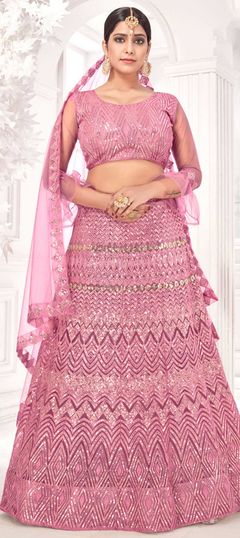 Pink and Majenta color Lehenga in Net fabric with Embroidered, Sequence, Thread work