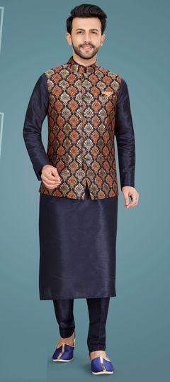 Blue color Kurta Pyjama with Jacket in Art Silk fabric with Thread work