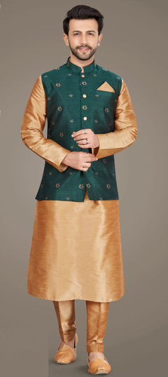 Beige and Brown color Kurta Pyjama with Jacket in Art Silk fabric with Thread work