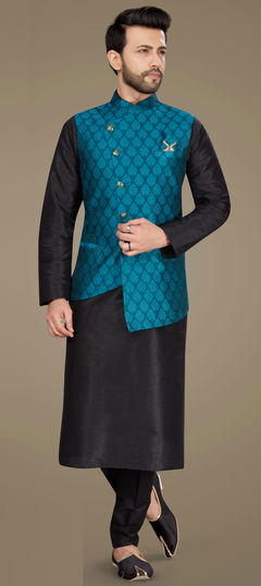 Black and Grey color Kurta Pyjama with Jacket in Art Silk fabric with Thread work