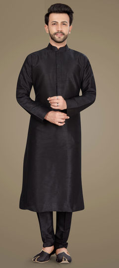 Black and Grey color Kurta Pyjamas in Art Silk fabric with Thread work