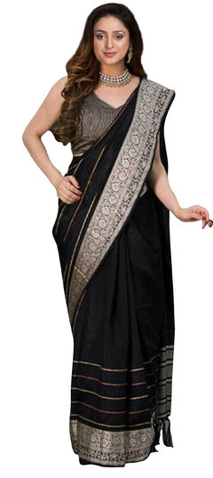 Black and Grey color Saree in Art Silk, Silk fabric with Weaving work