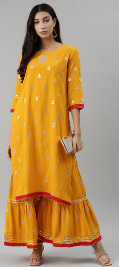 Yellow color Tunic with Bottom in Rayon fabric with Gota Patti work