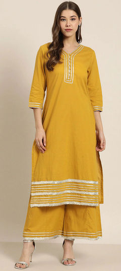 Yellow color Tunic with Bottom in Rayon fabric with Gota Patti work