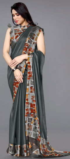 Black and Grey color Saree in Chiffon fabric with Printed work