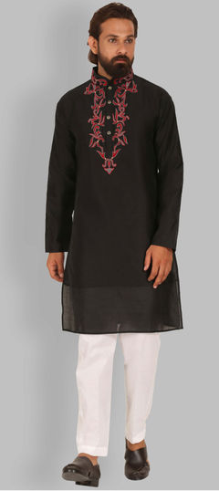 Black and Grey color Kurta Pyjamas in Raw Silk fabric with Resham, Thread work