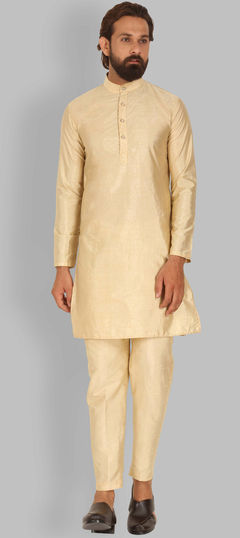 Gold color Kurta Pyjamas in Raw Silk fabric with Thread work