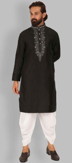 Black and Grey color Dhoti Kurta in Raw Silk fabric with Resham, Thread work