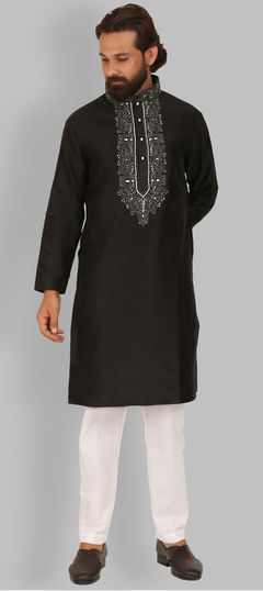 Black and Grey color Kurta Pyjamas in Raw Silk fabric with Resham, Thread work